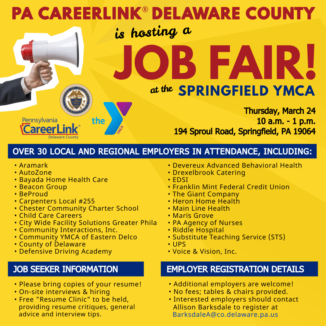 PA CareerLink® Delaware County to Host Three Job Fairs at Local YMCAs