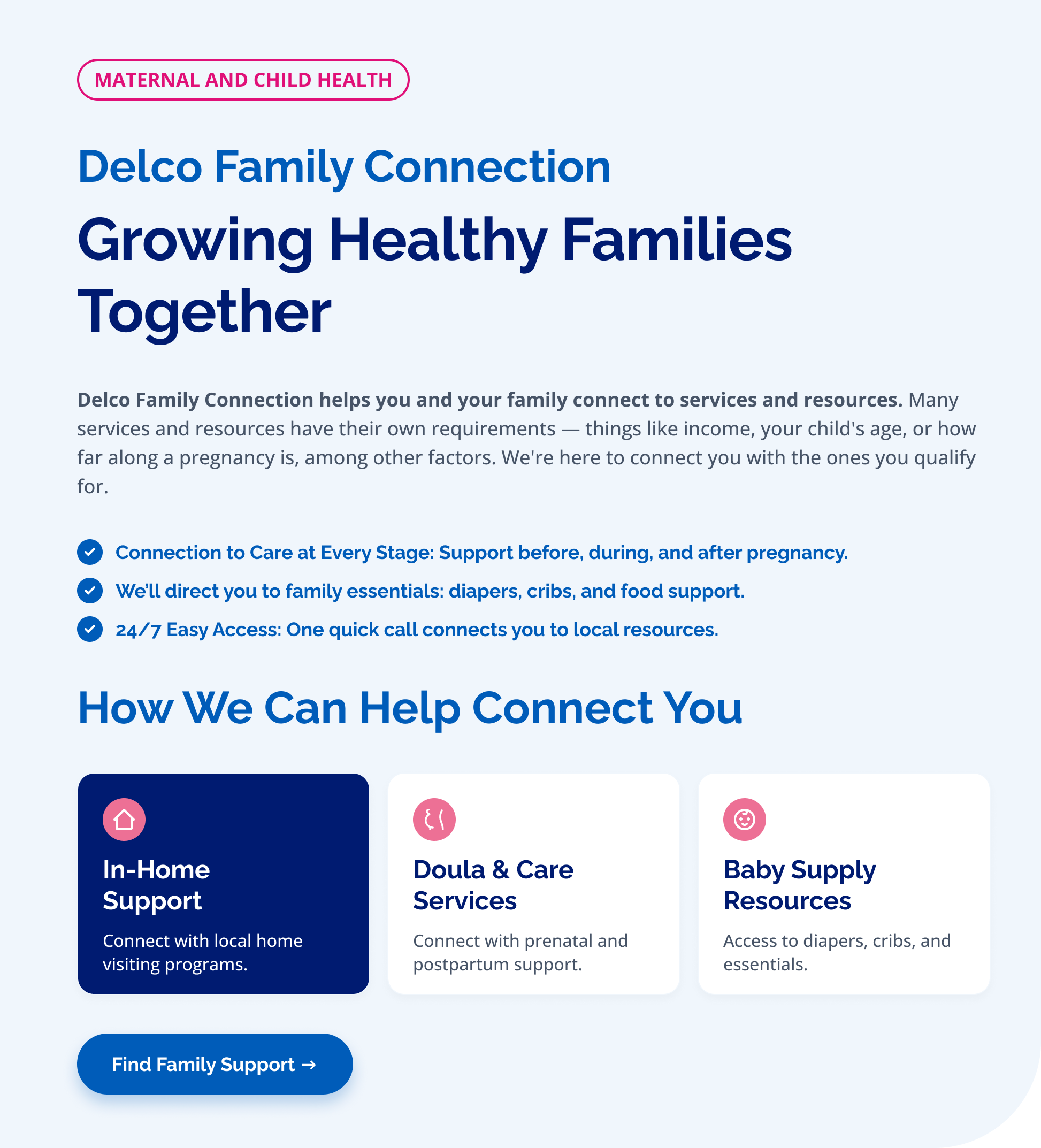 Delco Family Connection webpage promoting maternal and child health services, including in-home support, doula and care services, and baby supply resources.