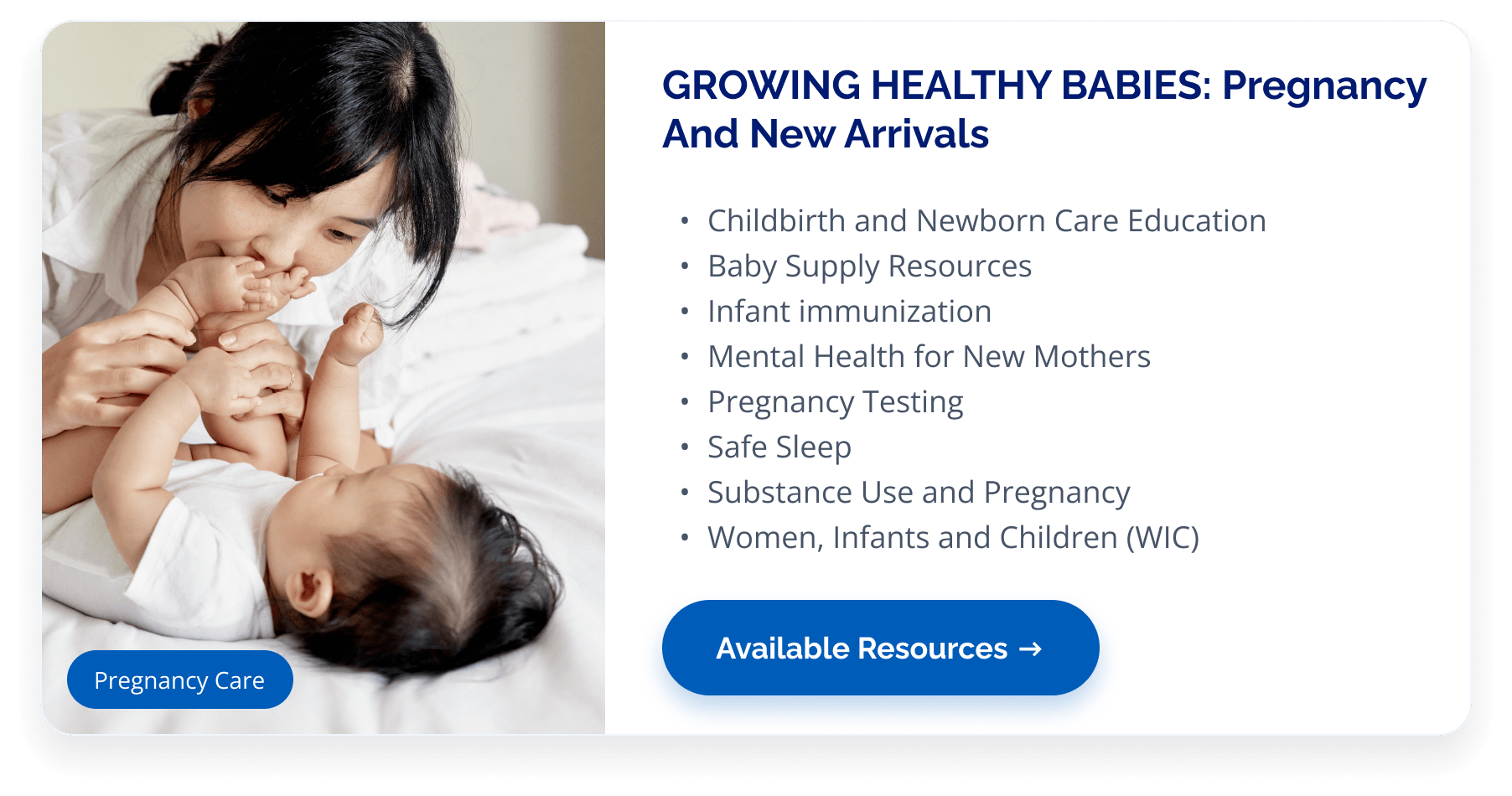 Mother holding her baby beside a list of Delco Family Connection pregnancy and newborn resources.