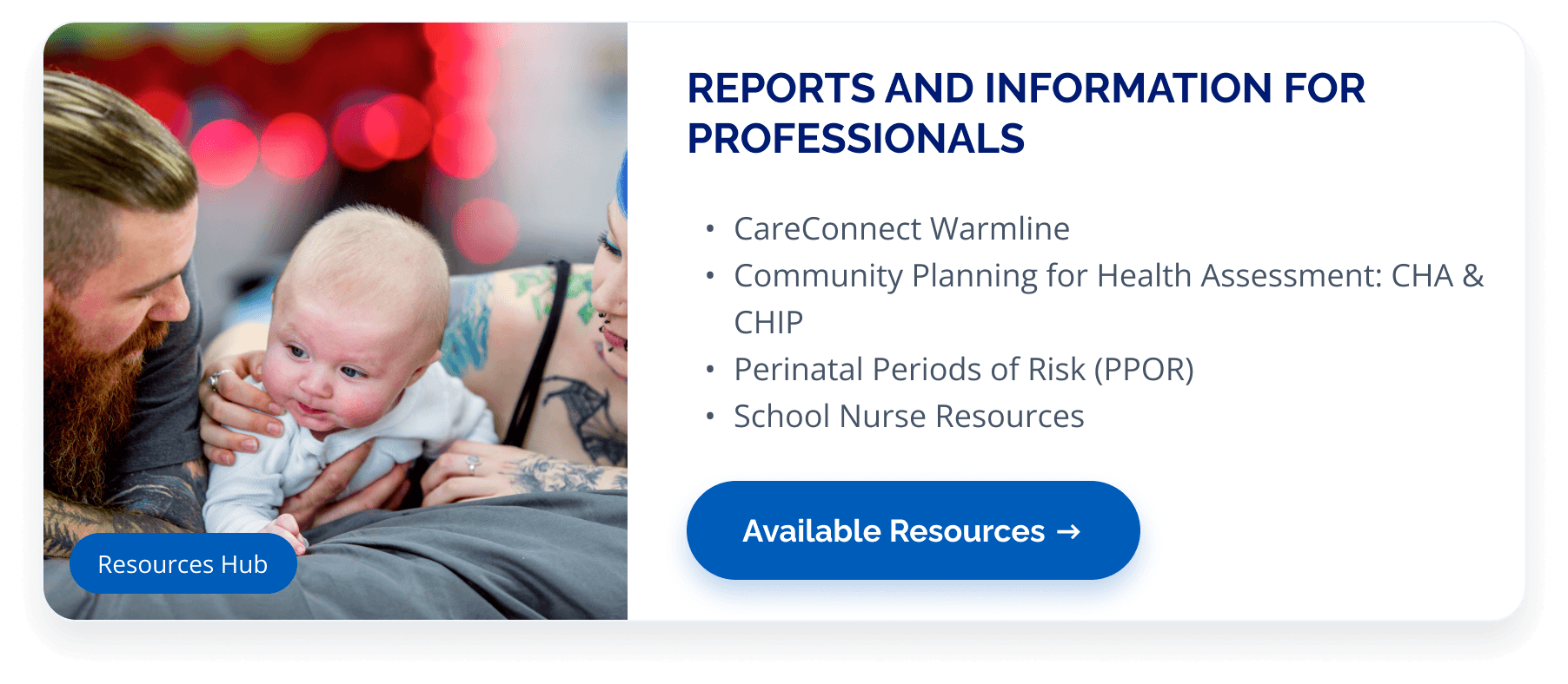 Delco Family Connection resources for professionals, including CareConnect Warmline, community health assessment, planning, etc.